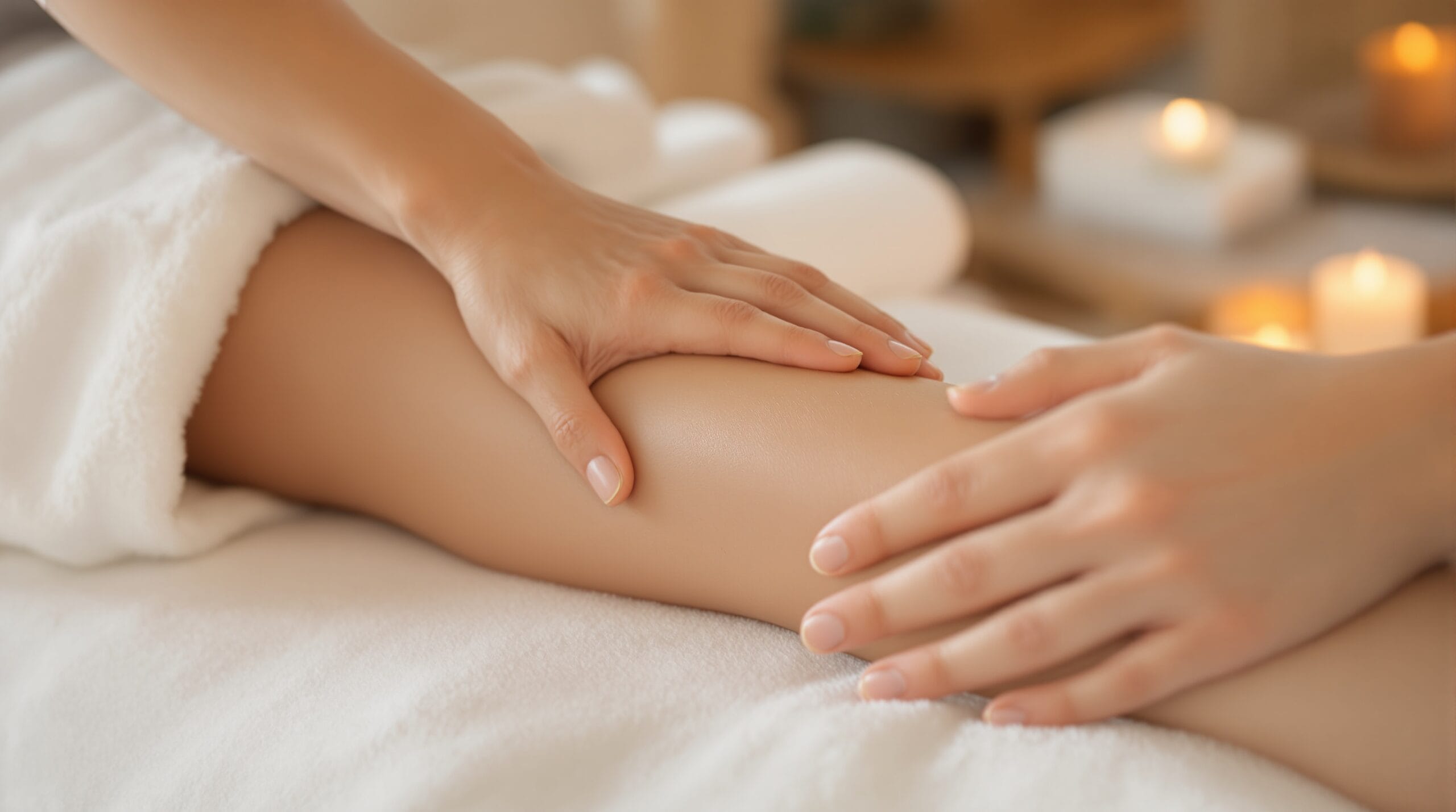 Close-up of gentle lymphatic drainage massage technique being performed on an arm or leg, showing the light, specialized movements. Soft, clinical yet warm lighting emphasizes the therapeutic nature o Close-up of gentle lymphatic drainage massage technique being performed on an arm or leg, showing the light, specialized move